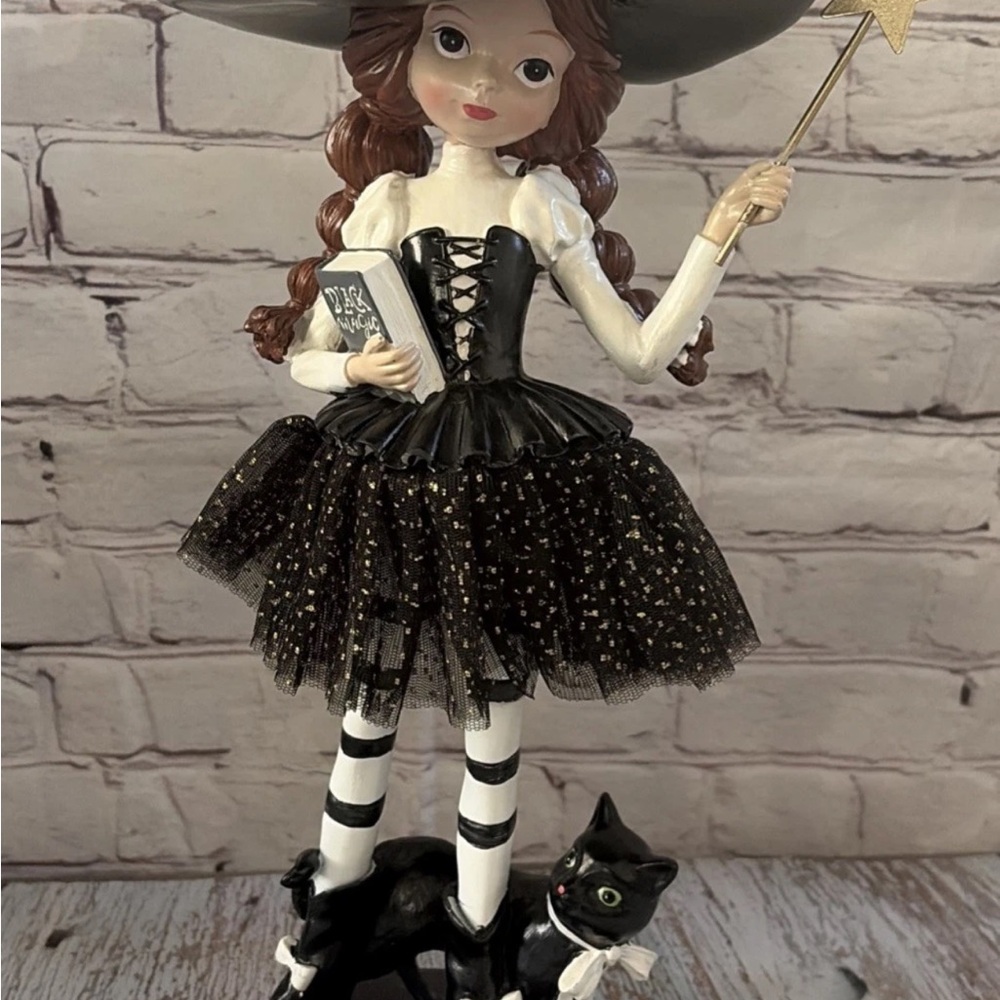 Whimsical Witch Figurine with Black Cat Wand Black Magic Book Halloween 15 Inch